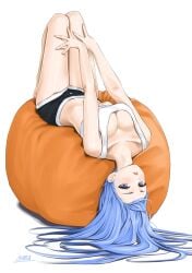 1girls bean_bag blue_eyes blue_hair breasts chaesu clothed female long_hair looking_at_viewer minah open_mouth original original_character pose posing shorts stomach tank_top thighs