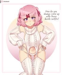 1girls ass_visible_through_thighs belly_button doki_doki_literature_club english_text female female_only human long_sleeves natsuki_(doki_doki_literature_club) navel panties pear-shaped_figure pear_shaped petite petite_body petite_female pink_hair purple_eyes raionart short_hair slim_waist socks solo stockings sweater teenager text thick_thighs thigh_gap virgin_destroyer_sweater virgin_killer_sweater wide_hips