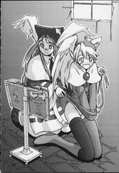 artist_request blush book boots breath_of_fire breath_of_fire_iii breath_of_fire_iv bunny_ear capcom clothing crossover doujinshi glasses hat long_hair momo_(breath_of_fire) monochrome nina_(breath_of_fire_iv) nobless_oblige panties robe rope scan short_hair skirt skirt_lift source_request stockings surprised thighhighs translated underwear wings