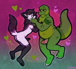 anthro ass black_body black_fur black_hair black_pawpads canid canine canis caressing_face chubby_anthro chubby_male crocodile crocodilian crocodylid domestic_dog duo erection facial_hair fleetwoodbrak fur genitals goatee green_body green_scales hair half-closed_eyes heart hi_res humanoid_genitalia humanoid_penis male male/male mammal multicolored_body multicolored_scales narrowed_eyes pawpads paws penis raised_tail reptile scales scalie simple_background slightly_chubby smile tail two_tone_body two_tone_scales white_body white_fur yellow_sclera