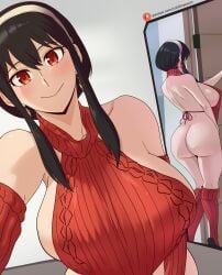 1girls ass big_ass big_breasts black_hair breasts dat_ass female female_only huge_ass huge_breasts large_ass large_breasts light-skinned_female light_skin lokidrawsart long_hair milf mirror mirror_reflection no_panties red_eyes selfie smile spy_x_family sweater virgin_killer_sweater yor_briar yor_forger