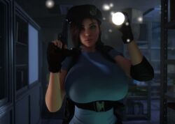 1girls 3d 3d_(artwork) alternate_breast_size beret breasts breasts_bigger_than_head brown_hair capcom clothed clothed_female female female_only female_solo fingerless_gloves flashlight fully_clothed gigantic_breasts gloves gun hair_over_one_eye hat holding holding_gun holding_object holding_weapon hourglass_figure huge_breasts human human_female human_only jill_valentine looking_at_viewer pistol resident_evil resident_evil_3 solo solo_female top_heavy vaako weapon wide_hips