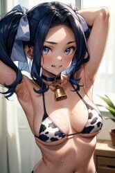 1girls ai_generated armpits arms_up artist_request blue_eyes blue_hair cow_bikini cowbell female female_only hair_ornament human medium_breasts melty_q_melromarc solo stable_diffusion tate_no_yuusha_no_nariagari twintails