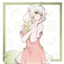 1girls animal_ears breasts female ferret ferret_girl green_eyes green_highlights indie_virtual_youtuber laimu lime multicolored_hair solo virtual_youtuber vtuber white_hair