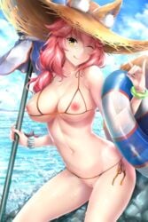 1girls animal_ear_fluff animal_ears bangs bare_shoulders beach beach_umbrella bikini blue_sky blush bracelet breastless_clothing breasts clavicle cleavage closed_mouth cloud cloudy_sky crotchless_panties cupless_bikini day ears_through_headwear exhibitionism eyebrows_visible_through_hair fate/grand_order fate_(series) female fingernails fox_girl fox_shadow_puppet fox_tail functionally_nude groin hair_between_eyes hands_up hat high_resolution innertube jewelry kitsunemimi large_breasts large_filesize long_hair looking_at_viewer nail_polish navel nipple_cutout nipples one_eye_closed outdoors paid_reward pantsu patreon_reward pink_hair rei_kun shiny shiny_hair shiny_skin side-tie_bikini sky smile solo stomach straw_hat sun_hat swimsuit tail tamamo_no_mae_(fate) tamamo_no_mae_(swimsuit_lancer) thighs tongue tongue_out umbrella uncensored underwear vagina very_high_resolution water water_drop