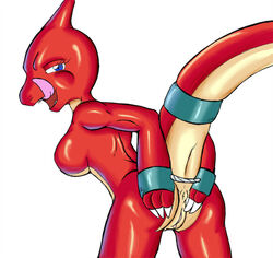 anthro anus back_view beige_skin blue_eyes breasts charmeleon color female female_only l1zardman licking looking_back nintendo nude open_eyes open_mouth pokémon_(species) pokemon pussy raised_tail red_skin simple_background solo tail tongue tongue_out vulva white_background