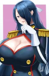 anti-demon_corps_uniform azuma_fubuki blue_eyes blue_hair cleavage gloves hair_over_one_eye hair_ribbon large_breasts long_hair mato_seihei_no_slave milf solo_female