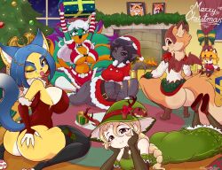 5girls ass ass_grab big_ass big_breasts blush blush breasts christmas fat_ass fireplace fox fox_girl furry furry_ears furry_female gift gift_box jasminthemanticore large_breasts looking_at_viewer looking_back sweater tagme tail thick_thighs thighs tongue tongue_out tree