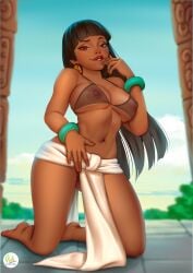 artist_logo artist_name biting_lip biting_own_lip black_hair black_panties bra breasts brown_eyes chel dark-skinned_female dark_skin didi_esmeralda dreamworks green_bracelets loincloth looking_at_viewer native_american native_american_female nipples nipples_visible_through_clothing on_knees seductive seductive_look seductive_smile smiling_at_viewer solo the_road_to_el_dorado white_loincloth