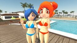 2girls 3d 3d_(artwork) beach_house belle_fontiere female_only glitch_productions pool poolside smg4 smiling_at_viewer swimming_pool swimsuit swimwear tari_(smg4)