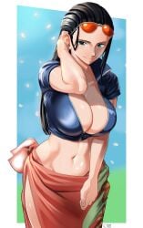 1girls arm_up bare_arms big_breasts black_hair blue_eyes castell clothed clothing color female female_focus female_only hi_res jacket large_breasts light-skinned_female light_skin long_hair looking_at_viewer nico_robin no_bra one_piece post-timeskip sarong shounen_jump smile solo solo_female sunglasses sunglasses_on_head tagme