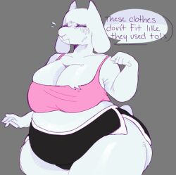 1girl 1girls 2d 2d_(artwork) 2d_artwork anthro anthro_only belly big_breasts big_butt big_ears big_hips big_thighs bra colored dialog dialogue furry goat goat_ears goat_girl goat_horns gray_background huge_hips huge_thighs kittrumi milf shorts slightly_chubby slightly_chubby_female solo solo_female solo_focus sweat sweatdrop sweating sweaty sweaty_body tail text thick thick_ass thick_legs thick_thighs tight_clothes tight_clothing toriel undertale undertale_(series) white_fur workout_clothes