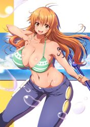 ahoge bad_id bad_twitter_id bare_shoulders bikini blush breasts commentary_request denim female female_only highres huge_breasts inactive_account jeans kojirou! looking_at_viewer nami nami_(one_piece) one_piece open_mouth orange_hair pants post-timeskip shiny_skin shoulder_tattoo simple_background solo striped_bikini swimsuit tattoo