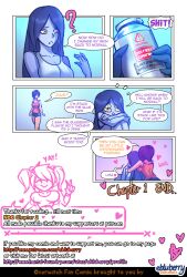 2024 blue_skin chapter_1 comic comic_page cosplay ebluberry end_page english_text overwatch overwatch_2 purple_hair purple_skin short_hair tracer tracer_(cosplay) widowmaker widowmaker_(cosplay)