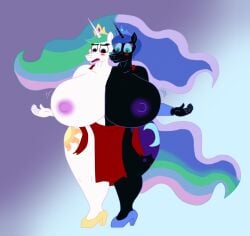 2019 2_heads alicorn anthro areola big_breasts black_body black_skin blue_hair breasts conjoined crown equid equine eyelashes eyeshadow female friendship_is_magic green_hair hasbro horn huge_breasts long_hair multicolored_hair my_little_pony nightmare_moon_(mlp) nipples pilot129 pink_eyeshadow pink_hair princess_celestia_(mlp) princess_luna_(mlp) purple_eyeshadow purple_hair siblings sister sisters smile white_body white_skin