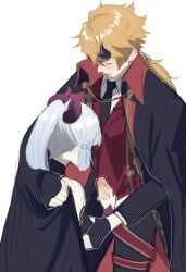 1boy 1girls bigger_male blonde_hair cape clothed erect_penis female genshin_impact handjob height_difference holding_penis k4xdkskmeonk kamisato_ayaka male male/female penis penis_out shorter_female standing straight taller_male thoma_(genshin_impact)