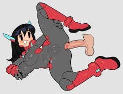 1girls anal anal_through_clothes anus asta_(crap_man) asta_rindo balls bent_legs black_hair bodysuit breasts cameltoe cheek_spots disembodied_penis female female_only forced_in_fabric grey_background hi_res holding_leg leg_up long_hair lying lying_on_side nipple_bulge noill on_side penetration_through_clothes penis smiling thick_thighs through_clothes