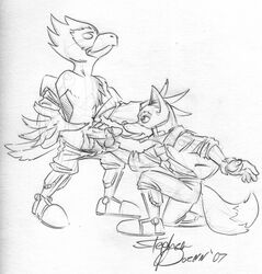 2007 anthro falco_lombardi fox fox_mccloud fur furry furry_only greyscale interspecies male male_only monochrome multiple_males nintendo no_humans pheasant sketch star_fox yaoi