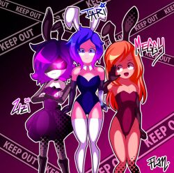 3girls animal_ears bunny_ears bunny_girl bunnysuit female_only glitch_productions human_meggy long_hair meggy_spletzer multiple_girls murder_drones orange_eyes orange_hair playboy playboy_bunny playboy_bunny_costume playboy_bunny_leotard purple_eyes purple_hair robot robot_girl short_hair smg4 tari_(smg4) thighs uzi_(murder_drones)