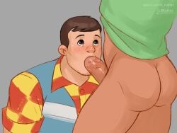 2boys ass blowjob bob_the_builder bob_the_builder_(series) crossover erect_penis erection gay handy_manny lilruiner male male_only manny_garcia penis simple_background tagme veiny_penis yaoi