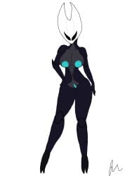 black_body black_eyes breasts glowing_nipples glowing_pussy grey_body hand_on_hip hollow_knight hornet hornet_(hollow_knight) insects jasminehan standing two_toes two_tone_body