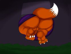 anthro ass balls big_butt canid canine claws clothing fox fur genitals helpless hi_res jay_(jaythefox333) jaythefox333 male mammal orange_body orange_fur penis plant purple_clothing shrub solo stuck_in_window thick_thighs toe_claws wardrobe_malfunction white_body white_fur