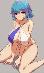 1girls 2d alternate_version_available big_breasts bikini blue_eye blue_hair breasts female grey_background heterochromia kogasa_tatara looking_at_viewer mani_padme red_eye short_hair simple_background sitting solid_color_background solo source swimsuit touhou