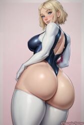 ai_generated ass ass_focus big_ass big_breasts blonde_female blonde_hair blonde_hair_female blue_eyes blush bodysuit bubble_butt curvaceous curvy fat_ass female female_only from_behind gwen_stacy high_resolution highres huge_ass large_ass large_breasts leotard looking_at_viewer marvel pink_background short_hair simple_background smile smiling smiling_at_viewer solo solo_female spider-gwen spider-man:_across_the_spider-verse spider-man:_into_the_spider-verse spongiersponge thick_thighs wavy_hair