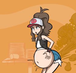 bloated bloated_belly fart farting gassy gassy_female hands_on_stomach hilda_(pokemon) lolotron6 loud_fart nintendo pokemon pokemon_bw relief tight_clothing yoshizilla