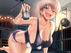 1girls alcohol bare_arms bare_legs bare_shoulders bare_thighs beer big_breasts blue_eyes blush castell clothed clothing color feet female female_focus female_only grey_hair hanging_breasts hi_res huge_breasts large_breasts light-skinned_female light_skin looking_at_viewer open_mouth short_hair shorts solo solo_female tagme tank_top thick_thighs tongue uzaki-chan_wa_asobitai! uzaki_hana