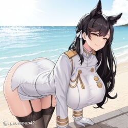 1girl ai_generated animal_ears ass atago_(azur_lane) azur_lane beach bent_over black_hair black_thighhighs blush breasts brown_eyes closed_mouth day extra_ears garter_straps gloves hair_ribbon huge_breasts large_breasts leaning_forward long_hair long_sleeves looking_at_viewer medal military military_uniform miniskirt mole mole_under_eye ocean outdoors pencil_skirt ribbon sand skindentation skirt sky smile solo swept_bangs thighhighs thighs twitter_username uniform white_gloves white_ribbon