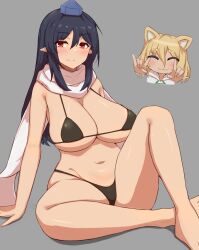 2d 2girls alternate_version_available background_character belly belly_button big_breasts bikini blue_hair breasts dark_blue_hair dark_hair duo female grey_background humanoid iizunamaru_megumu kudamaki_tsukasa long_hair looking_at_viewer mani_padme pointy_ears red_eyes scarf simple_background smile solid_color_background solo_focus source tengu tokin_hat touhou