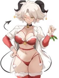 1girls big_breasts breasts choker choker_bell christmas christmas_outfit cleavage female female_only glasses golden_eyes holly_(plant) horns humanoid no_visible_genitalia one_eye_closed oni_horns original pointy_ears rakeemspoon side-tie_panties solo susan_(rakeemspoon) tail white_hair wink yellow_eyes