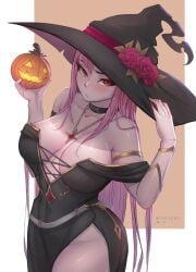 1girls alternate_costume alternate_version_at_source alternate_version_available big_breasts breasts clothed clothing female female_only halloween halloween_costume hat headwear holding_object hololive hololive_english hololive_myth jack-o'-lantern large_hat light-skinned_female light_skin long_hair mori_calliope myth1c myth1carts necklace pumpkin purple_hair red_eyes solo virtual_youtuber witch_costume witch_hat