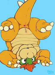 1boy 2017 animal_genitalia anus blue_background bowser cute digital_media_(artwork) genital_slit hehky koopa male male_only mario_(series) nintendo scalie simple_background slit solo tail upside-down video_games