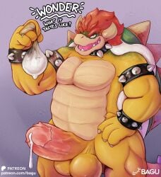 absurd_res after_orgasm anthro armwear bagu balls biceps bodily_fluids bowser bracelet clothing collar condom cum dialogue filled_condom genital_fluids genitals hand_on_hip hi_res horn humanoid_genitalia humanoid_penis jewelry koopa looking_at_viewer male male_only mario_(series) muscular muscular_male nintendo nude pecs penis reptile scalie sexual_barrier_device shell solo spiked_bracelet spiked_collar spikes standing super_mario_bros._wonder text