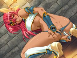 anal anal_insertion anus armor blush breasts censored clothing dildo female from_behind ikazuchi_no_senshi_raidy long_ears long_hair looking_at_viewer masturbation nipples nude panties panties_aside pubic_hair pussy raidy red_eyes red_hair sex_toy solo source_request spread_legs sweat underwear