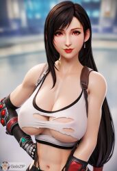 ai_generated big_breasts earrings final_fantasy final_fantasy_vii galszip gloves red_eyes red_lipstick tifa_lockhart white_shirt