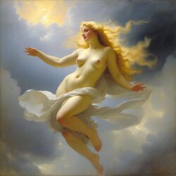 abstract ai_generated belly blonde_hair blue_eyes breasts clouds convenient_censoring curly_hair curvy female flying halo lips long_hair medium_breasts navel nipples nude presenting realistic sky smile solo william_bouguereau