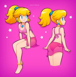 5_toes artist_name ass back back_view bare_shoulders behind_view blonde blonde_female blonde_hair blonde_hair_female blonde_ponytail blue_eyes breasts butt cleavage dingitydingus female female_only mario_(series) necklace nintendo non-sexual non_sexual nonsexual ponytail princess_peach solo star stars twitter_username