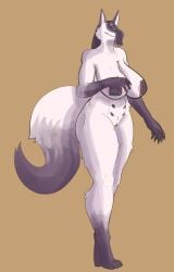 absurd_res amaverse anthro areola areola_slip belly big_areola big_breasts bottomless breasts canid canine cloak clothed clothing covered_nipples curvy_figure dark_body demon fangs female female_anthro fingers fluffy fox fur genitals haumi hi_res huge_breasts ineffective_clothing jimjr kemono mammal markings mask mostly_nude mythological_canine mythological_creature mythological_fox mythology nipple_tape ofuda ofuda_on_breast pasties pussy simple_background smile solo spirit standing talisman tape teeth text thick_thighs tuft voluptuous white_body