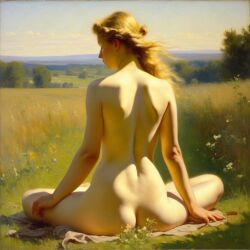 ai_generated ass back back_view big_ass blonde_hair curly_hair curvy field lips long_hair meadow meditation nude presenting realistic small_breasts smile solo sun william_bouguereau