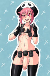 balls belt_pouch dickgirl double_v flaccid futanari gesture holster intersex jakuzure_nonon kill_la_kill penis pink_hair satanic-swallow small_but_hung testicles v