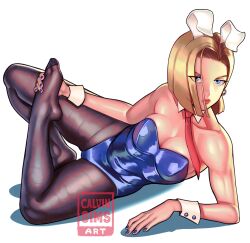 1girls android_18 artist_logo artist_name blonde_hair blue_eyes blue_fingernails breasts bunny_ears bunny_girl bunnysuit calvin_sims_art cleavage dragon_ball dragon_ball_z hair_over_one_eye light-skinned_female light_skin muscular muscular_arms muscular_female nylons