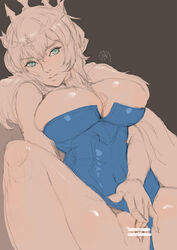 1girls absurdres artoria_pendragon artoria_pendragon_(lancer) bar_censor bird breasts bursting_breasts censored corset covered_navel crow embarrassed fate/grand_order fate_(series) female fur_trim green_eyes highres large_breasts lips looking_to_the_side masturbation monochrome pussy short_hair signature skindentation solo spread_legs tnwjd2tkfkd