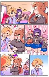 1boy 4_fingers 4girls big_breasts blue_eyes blue_skirt blush blush_lines blushing breasts clothed clothes clothing comic comic_page comission commission commission_art doki_doki_literature_club doki_doki_takeover friday_night_funkin heart hearts long_hair monika_(doki_doki_literature_club) mouth_open natsuki_(doki_doki_literature_club) open_mouth pink_hair purple_eyes purple_hair quavernsfw sayori_(doki_doki_literature_club) senpai_(friday_night_funkin) skirt small_breasts strawberry_blonde_hair tagme talking_to_another thick_thighs tie voluptuous yuri_(doki_doki_literature_club)