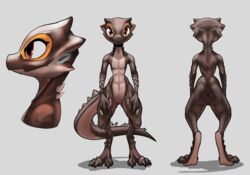 3_toes anthro ass barely_visible_genitalia brown_scales brown_tail claws clitoral_hood countershade_torso countershading female front_view grey_background kobold model_sheet nude pussy rear_view red_eyes reptile scales scalie scar scratches side_view simple_background solo spikes standing subtle_pussy toes w4g4