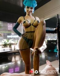 1boy 1girls 3d barefoot blue_hair blue_moon_(cyberpunk_2077) breasts citrus2077 cyberpunk_2077 erection feet femdom foot_fetish hand_on_hip huge_cock looking_at_viewer male_pov nails pasties penis pov see-through_skirt stepping_on_penis tagme