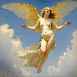 abstract ai_generated belly blonde_hair blue_eyes breasts clouds curly_hair curvy fairy fairy_wings female halo lips long_hair medium_breasts navel nipples nude presenting realistic sky smile solo william_bouguereau wings