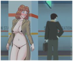 bikini bikini_bottom bikini_top female hidden hiding lechono skimpy skimpy_bikini skimpy_clothes sneaking sneaky trenchcoat